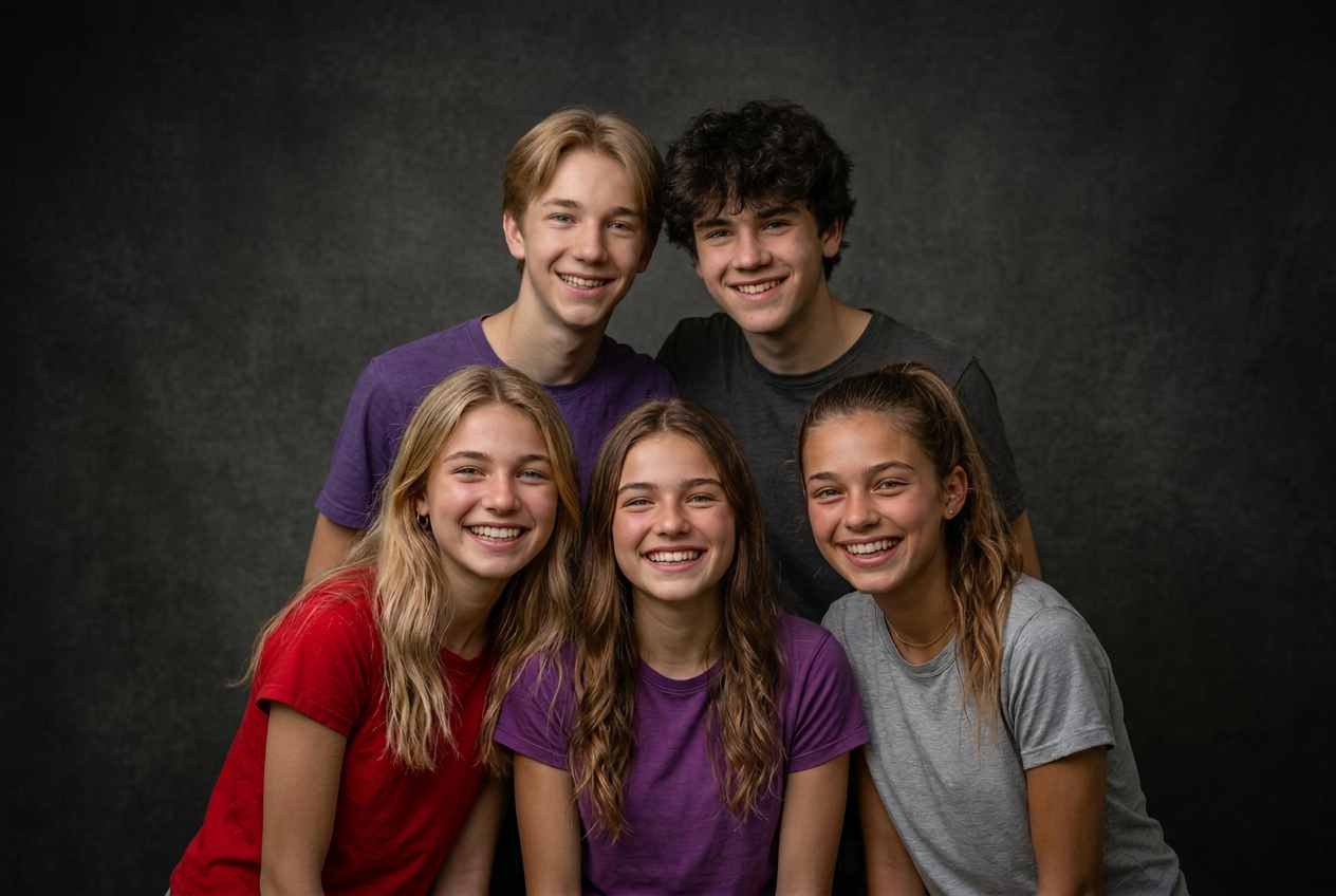 Smiling teenage girls and boys wearing colorful cotton t-shirts