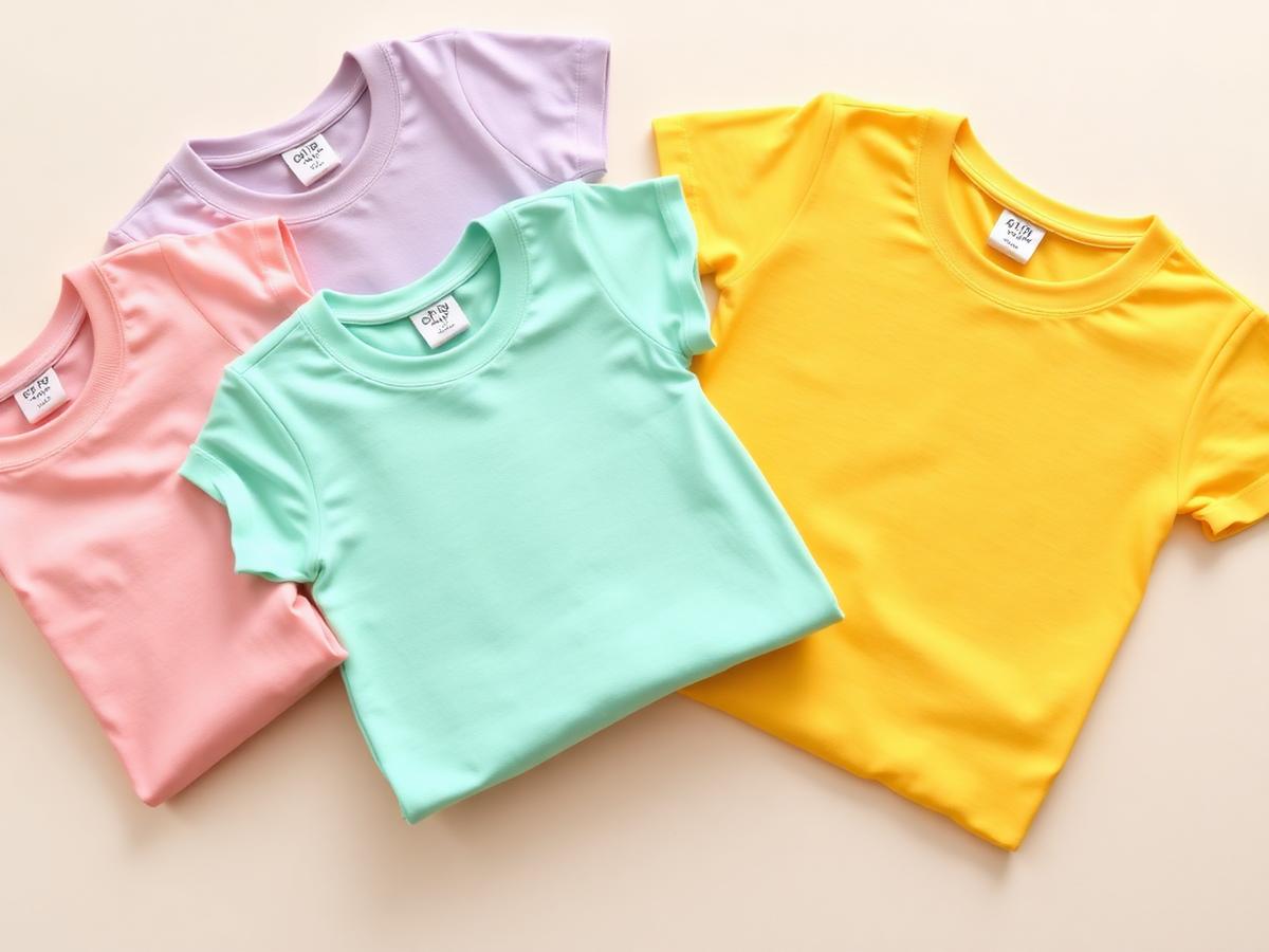 Folded stack of pastel kids and adult t-shirts